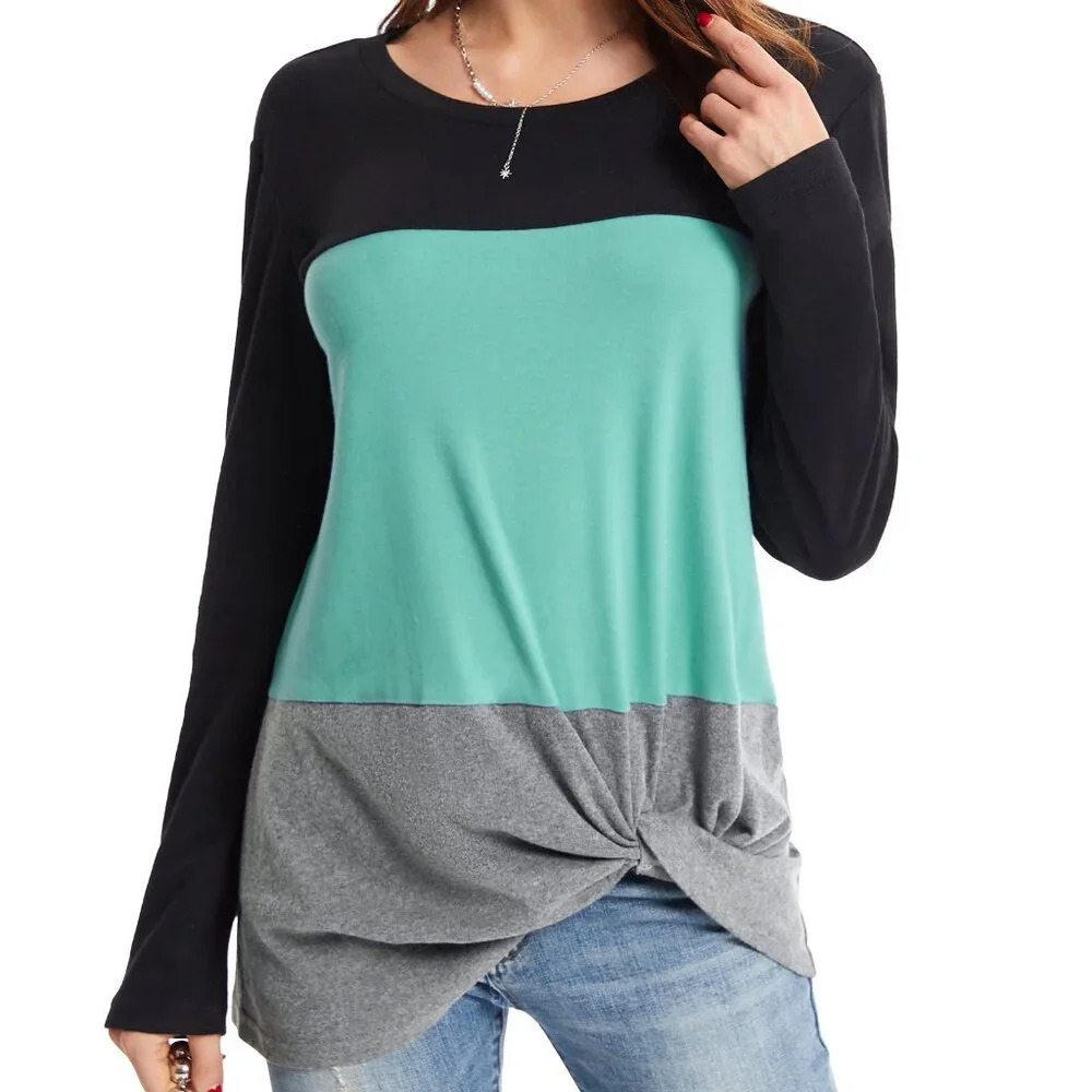 Womens Large Long Sleeve Twisted Front Striped‎ Blouse Black Aqua Gray NWOT